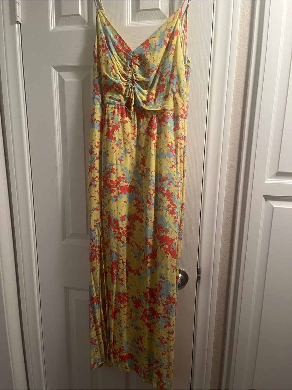 The Fifth Label Yellow Floral Midi Dress with Red & Light Blue Accents